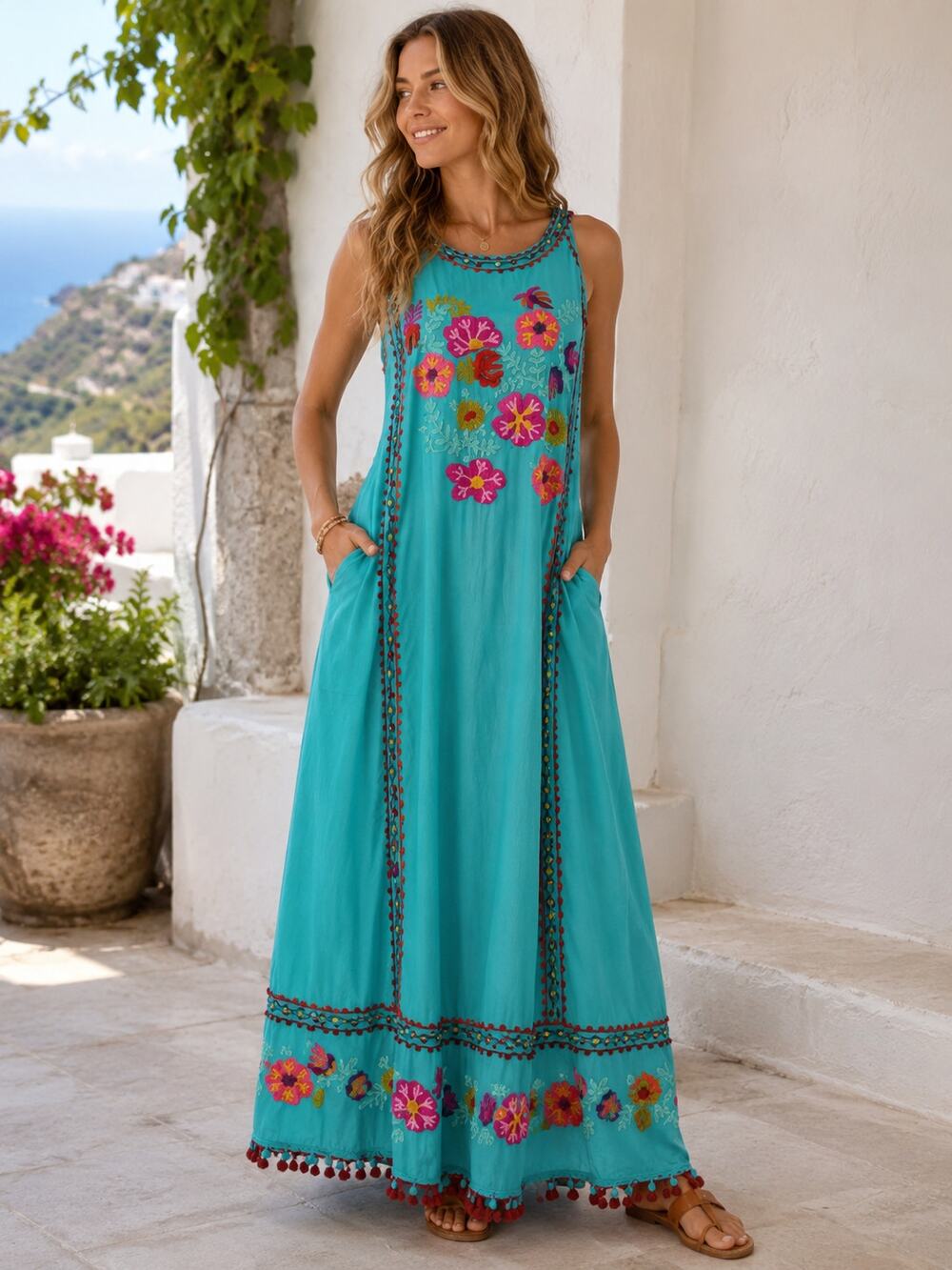 Lula Sole Women's SZ M Teal Maxi Dress Floral Embroidery Pockets 100% Cotton